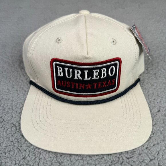 Burlebo Hat Cap Snap Back Putty White Austin Texas Patch 5 Panel Rope Mens NWT - Picture 2 of 8